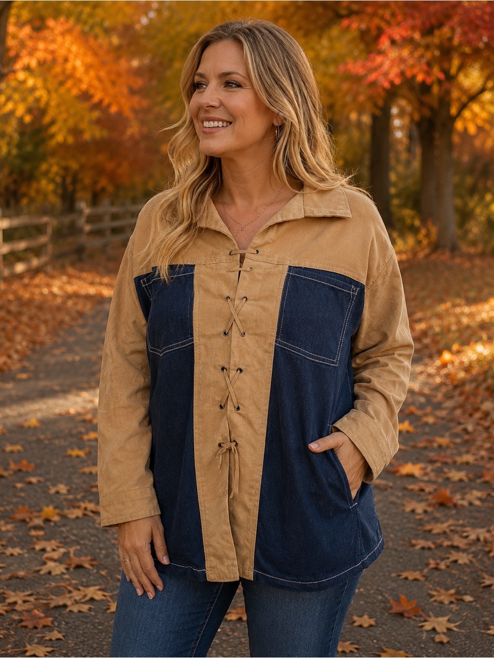 Erika Brooke Collection Plus 24 Tan Navy Colorblock Lace-Up Jacket Shacket